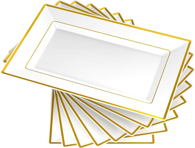FOCUSLINE 8 PCS Plastic Serving Trays, White and Gold Rim Plastic Serving Platters, Disposable Tray for Food, Perfect for Wedding Parties