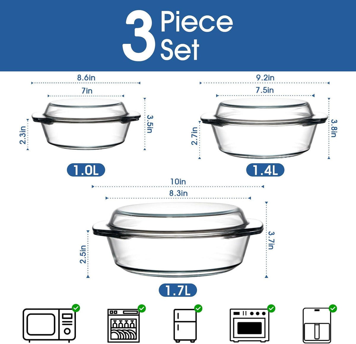 ZYER Round Glass Casserole Dish Set, Glass Casseroles with Lid (Set of 3-1L, 1.4L, 1.7L)