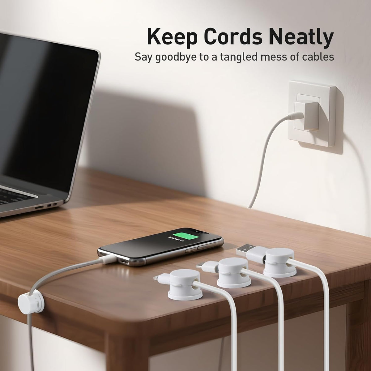 AGPTEK 8 Pack Magnetic Cable Clips, Upgraded 360° Rotatable Cord Holder Clips for Nightstand, Desk Cord Organizer Adhesive Wire Management Home Office Phone Charging Cords USB Cable Keeper (White)