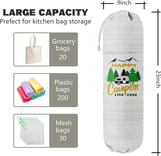 Happy Campers Grocery Bags Holder Organizer, Wall Mount Plastic Bags Storage Container Dispenser, Gift For Family And Friends
