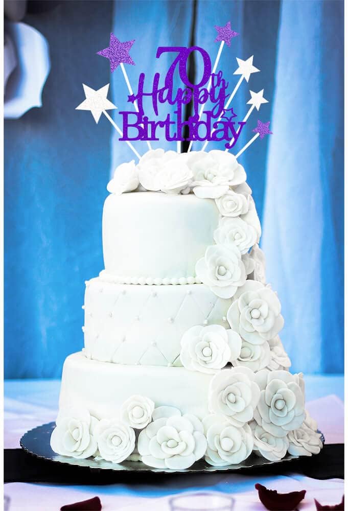Glittery 70th Happy Birthday Cake Topper with Star,Personalised 70 Birthday Cake Toppers Party Decorations Party Supplies for Men Women Purple Silver