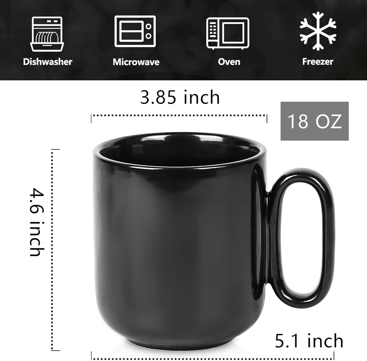 vicrays Ceramic Coffee Mug Set - 18 Ounce Large Stoneware Mug for Men Women - Unique Glazed Porcelain Mugs with Handle for Coffee Latte Tea Milk Cocoa - Set of 4 (Black)