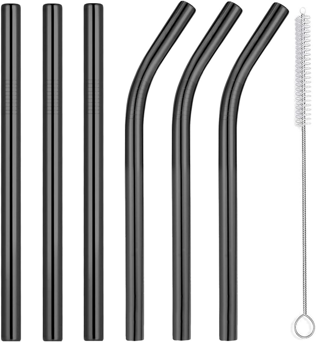 Vinaco Reusable Smoothie Straws & Milkshake Straws 0.4" Wide Mouth Straw, Set of 6 Stainless Steel Straws 8.5"&10.5" with 1 Long Straw Cleaner Brush，Black Metal Straws for Jumbo Thicker Drinks