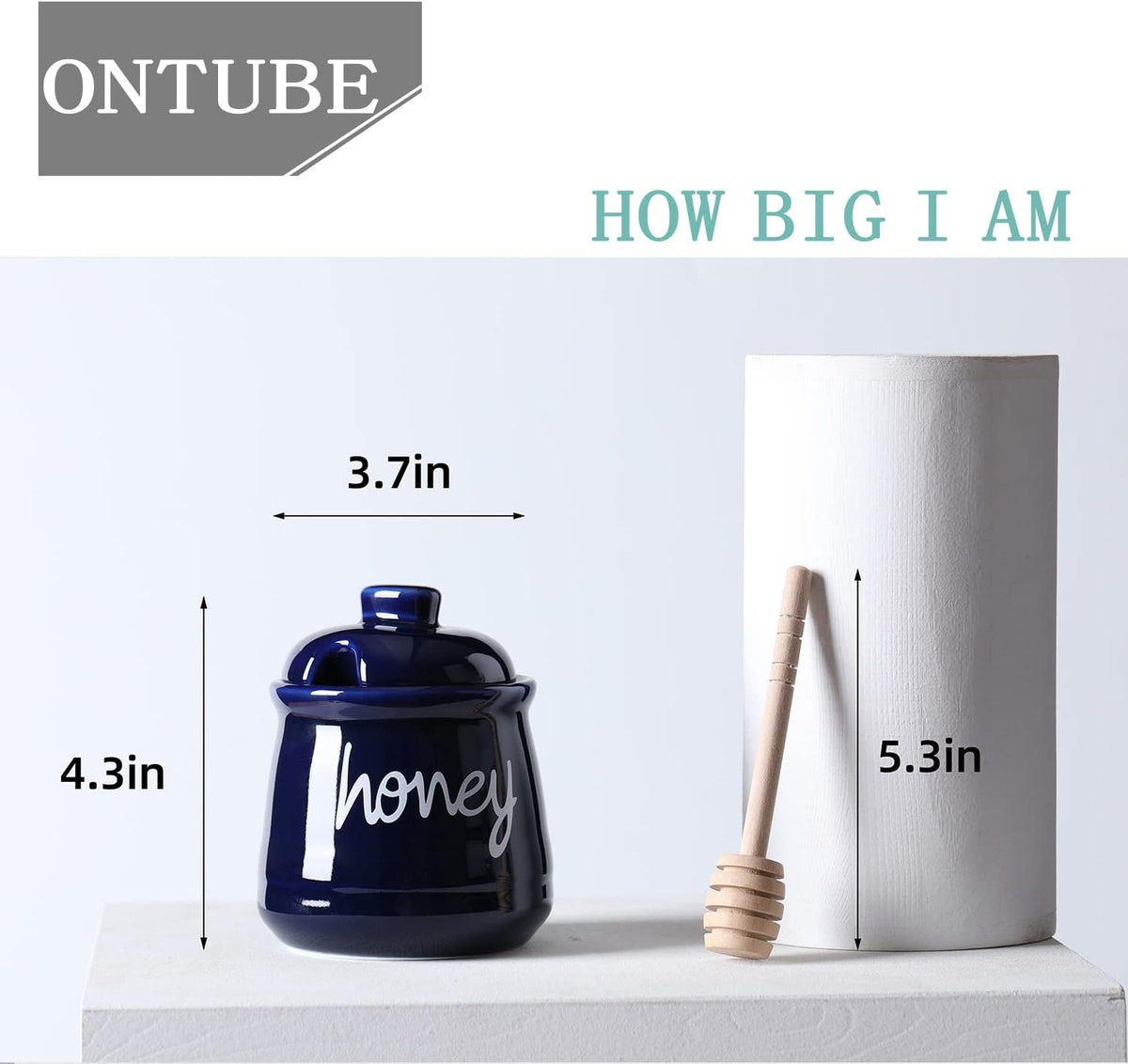 Honey Jar with Dipper and Lid, Ceramic Honey Pot 12oz (Navy)