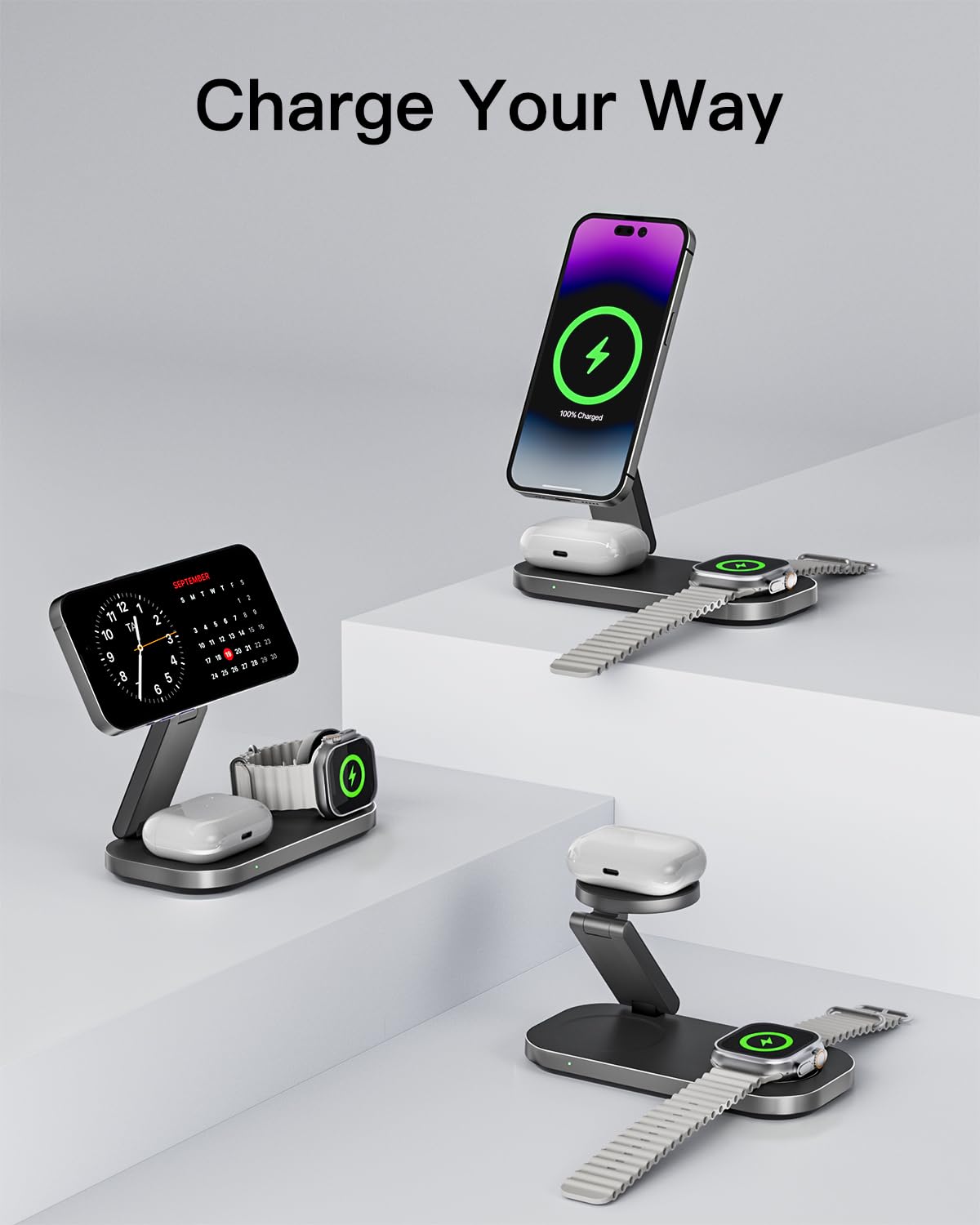 Keepro 3-in-1 Charging Station for Apple Device, Foldable Magnetic Wireless Fast Charger Stand Compatible with MagSafe for iPhone 17e/17/16/15/14/13/12/Air Series, Apple Watch & AirPods-Black