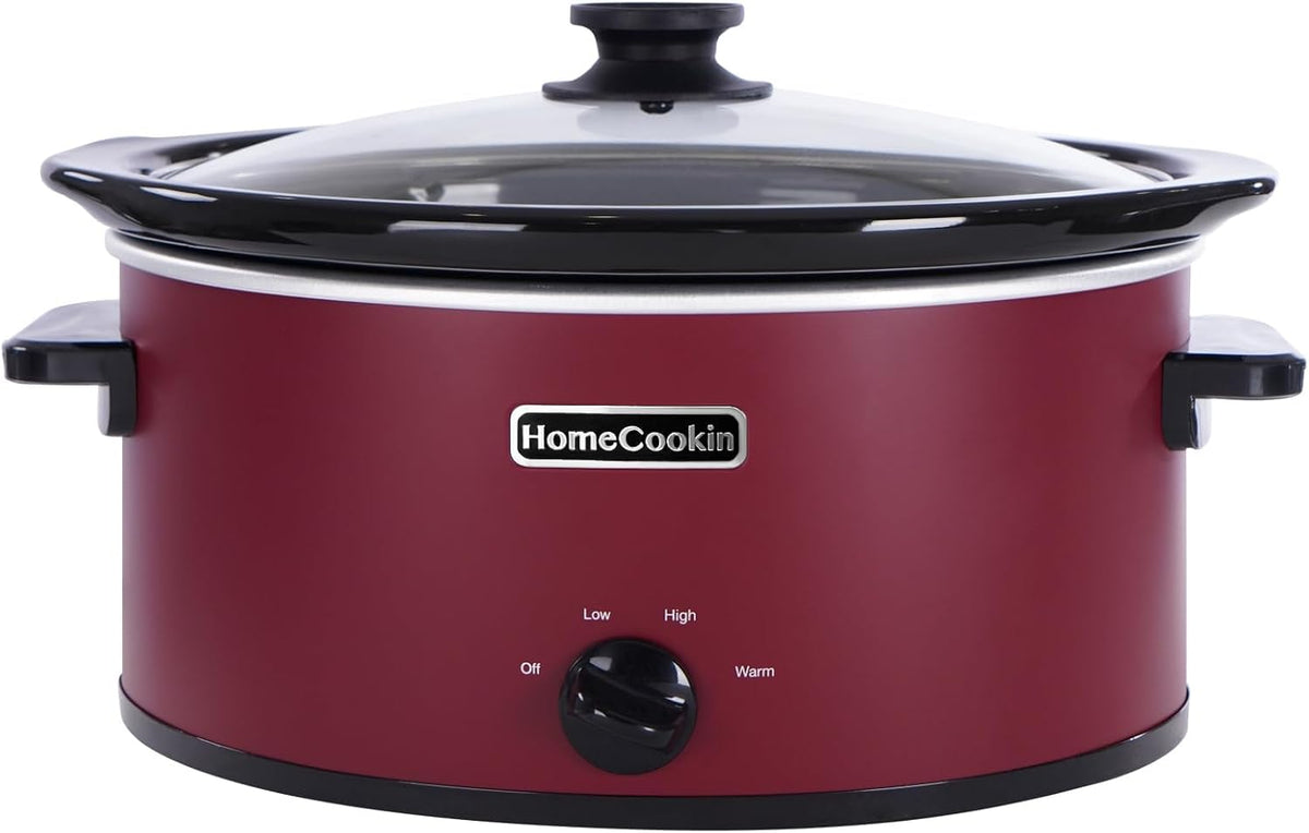 HOMECOOKIN 6 Quart Slow Cooker Oval Manual Pot Food Warmer with 3 Cooking Settings, Red Stainless Steel