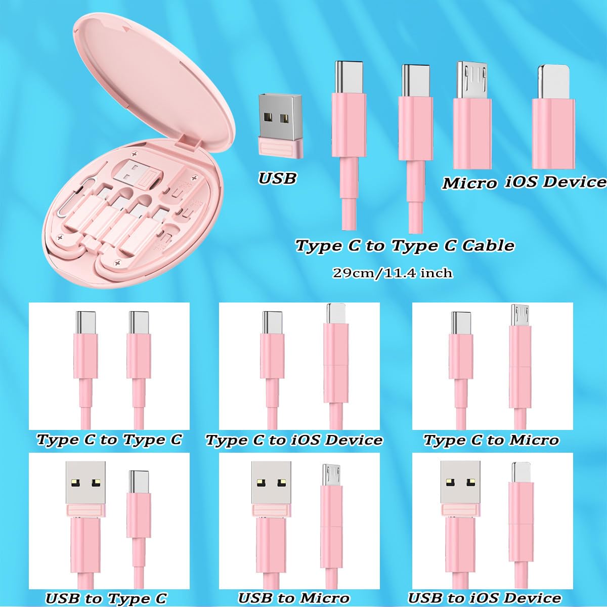 Multi USB Charging Adapter Cable Kit, USB C to iOS Adapter for Travel , Conversion Set USB & USB C to Male Micro /USB C/iOS Adapter, Data Transfer, Card Storage, Tray Eject Pin, Phone Holder (pink)