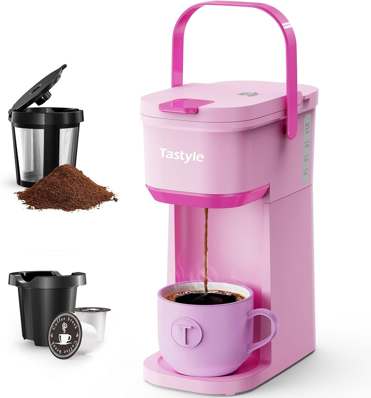 Single Serve One Cup Coffee Maker, for K Cups and Grounds, Mini Coffee Maker with Portable Handle, 6 to 12 Oz Brew Size, for Travel, Camping, Office, RV and Dorm, 120V, Dusty Rosa