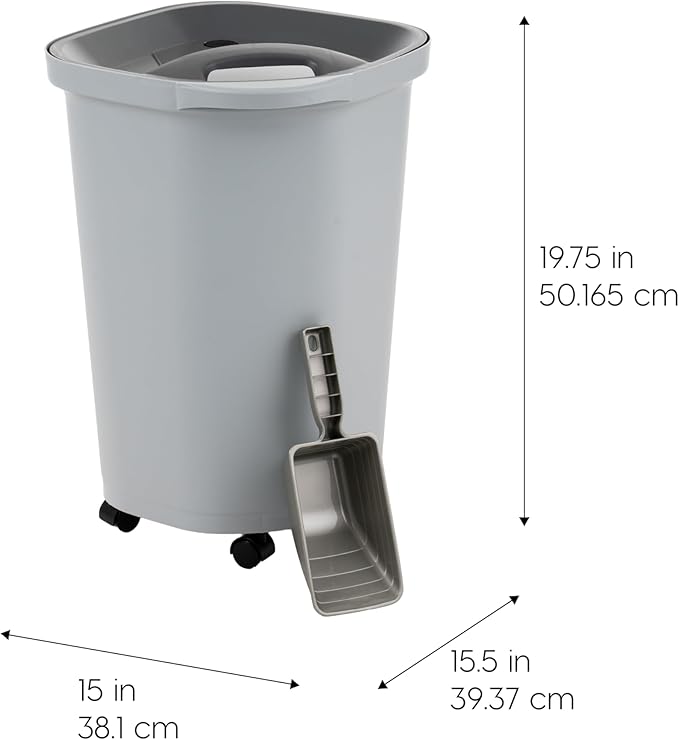 IRIS USA Pet Food Storage Container 25 lbs, Premium 60% Improved Airtight Seal with Air Valve, 2 Cup Scoop, Removable Wheels, Easy to Open - Made in the USA, Gray