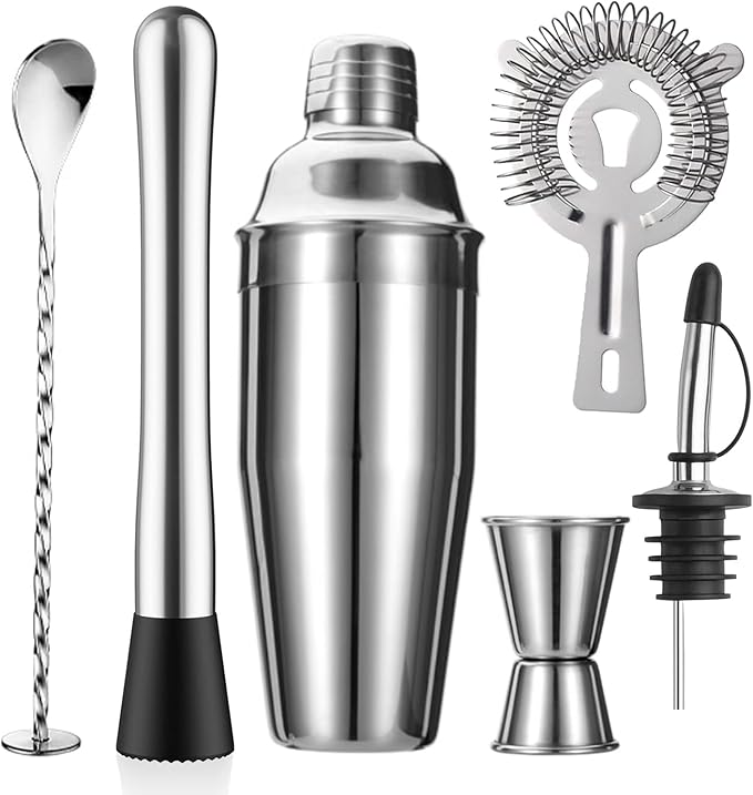ZPUFAW 6-Piece Cocktail Shaker Set 24oz Shaker Strainer Muddler Jigger Mixing Spoon Pour Spout Bartender Kit Stainless Steel Bar Set Housewarming Gift