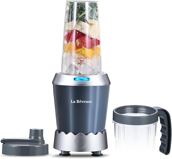 La Reveuse Personal Size Smoothie Blender Pro, 1000W High Speed with 24oz To-Go Cup, Ideal for Smoothies,Protein Shakes, Frozen Drinks, Food Prep, Gray