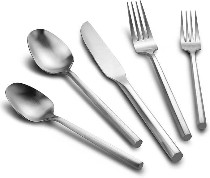 Silverware Set Flatware Set Matte Silver Cutlery Set with Hexagon Handle Forged Stainless Steel 20 Pieces for Home Hotel Use Service for 4