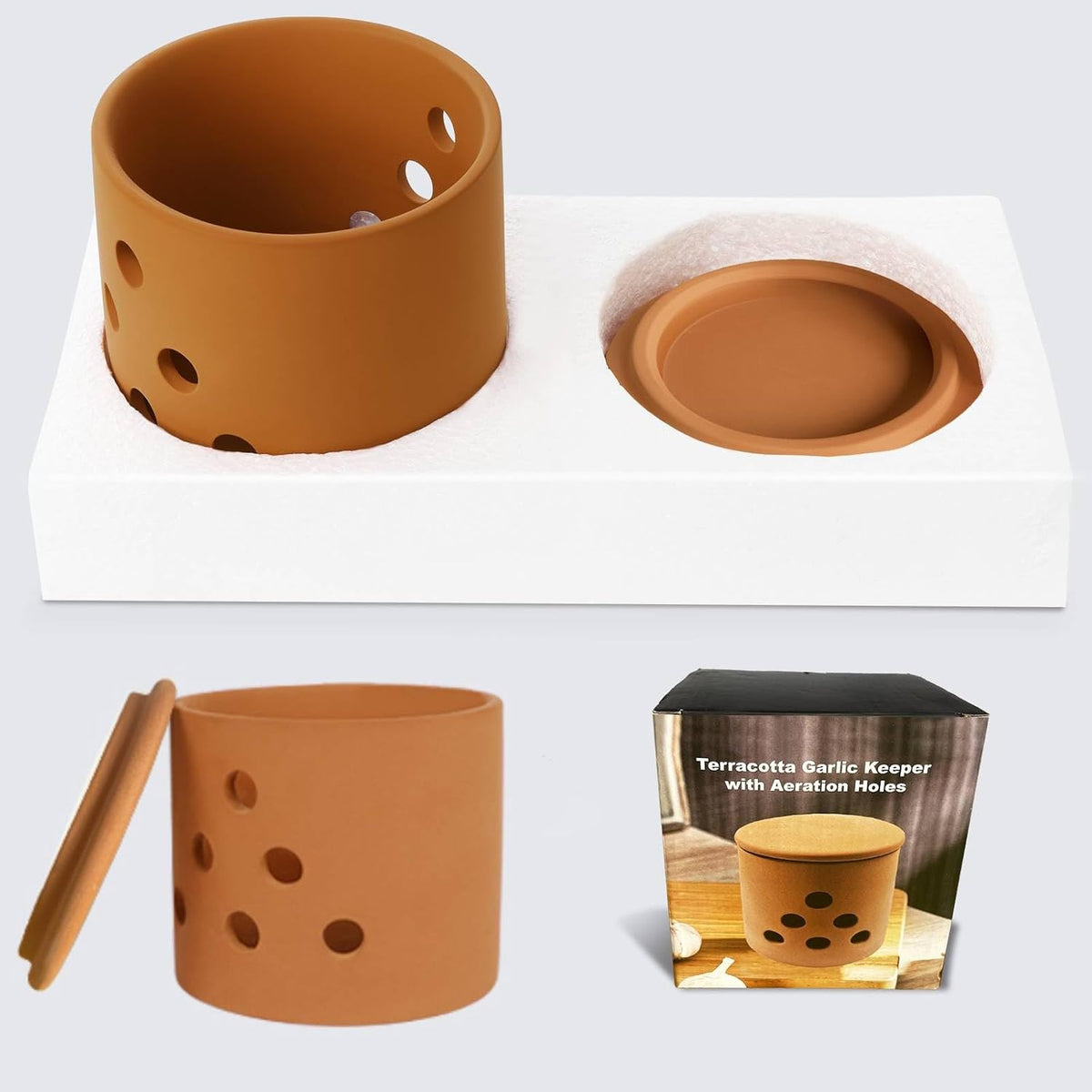 LEEPENK Terracotta Garlic Keeper,Vented Clay Garlic Storage Container Saver with Lid and 12 Air Vent,Reserve for Garlic, Onion, Lemon, Patato or Ginger