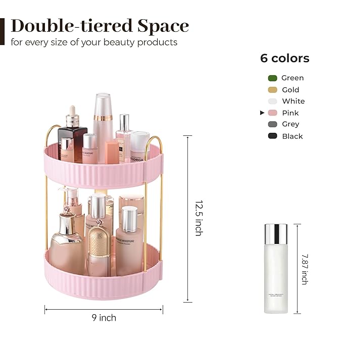 Aveniee 360 Rotating Makeup Organizer for Vanity, Skincare Perfume Organizers, Bathroom Countertop Organizer and Storage, Clear Cosmetics Lipstick Holder for Dresser,2 Tiers, Pink