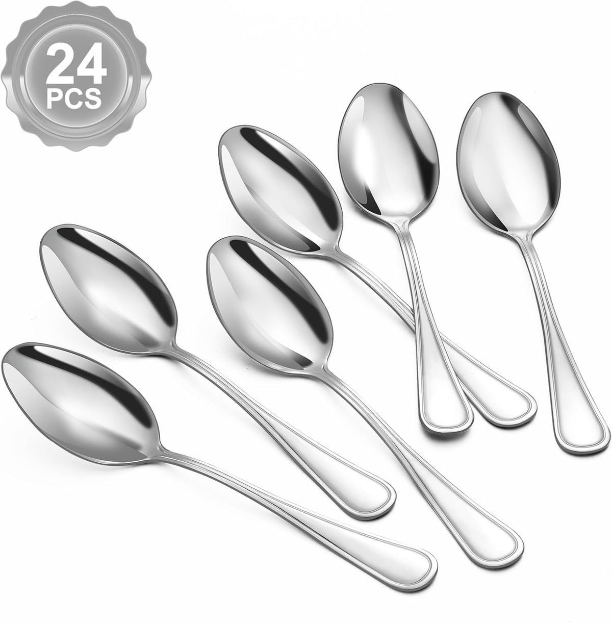 BEWOS 24-Piece Silverware Set, 7.5-inch Dinner Spoons, Stainless Steel, Mirror Polished, Dishwasher Safe, Multipurpose
