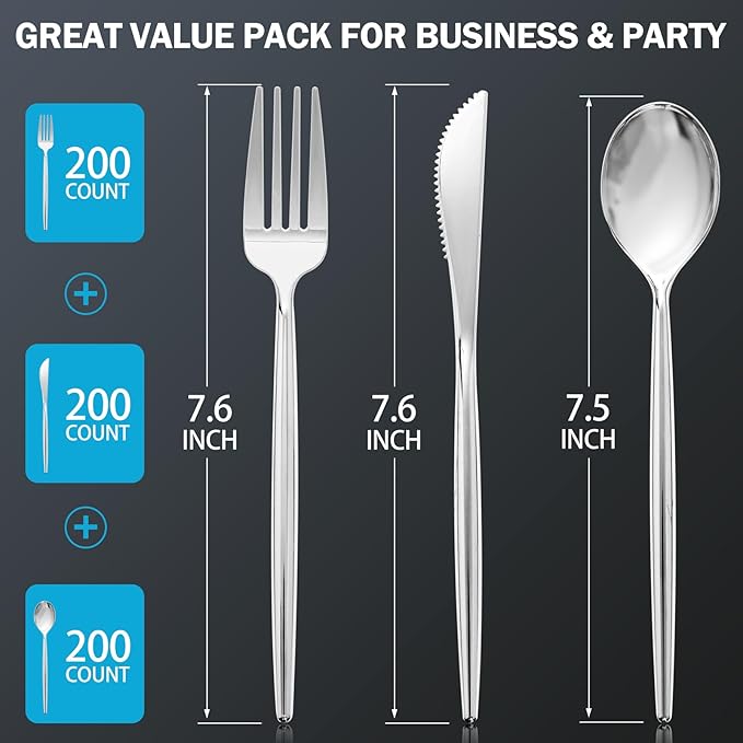 SUT 600PCS Heavy Duty Disposable Silverware - Includes 200 Knives, Forks and Spoons - Silver Plastic Utensils Set for Party/Wedding