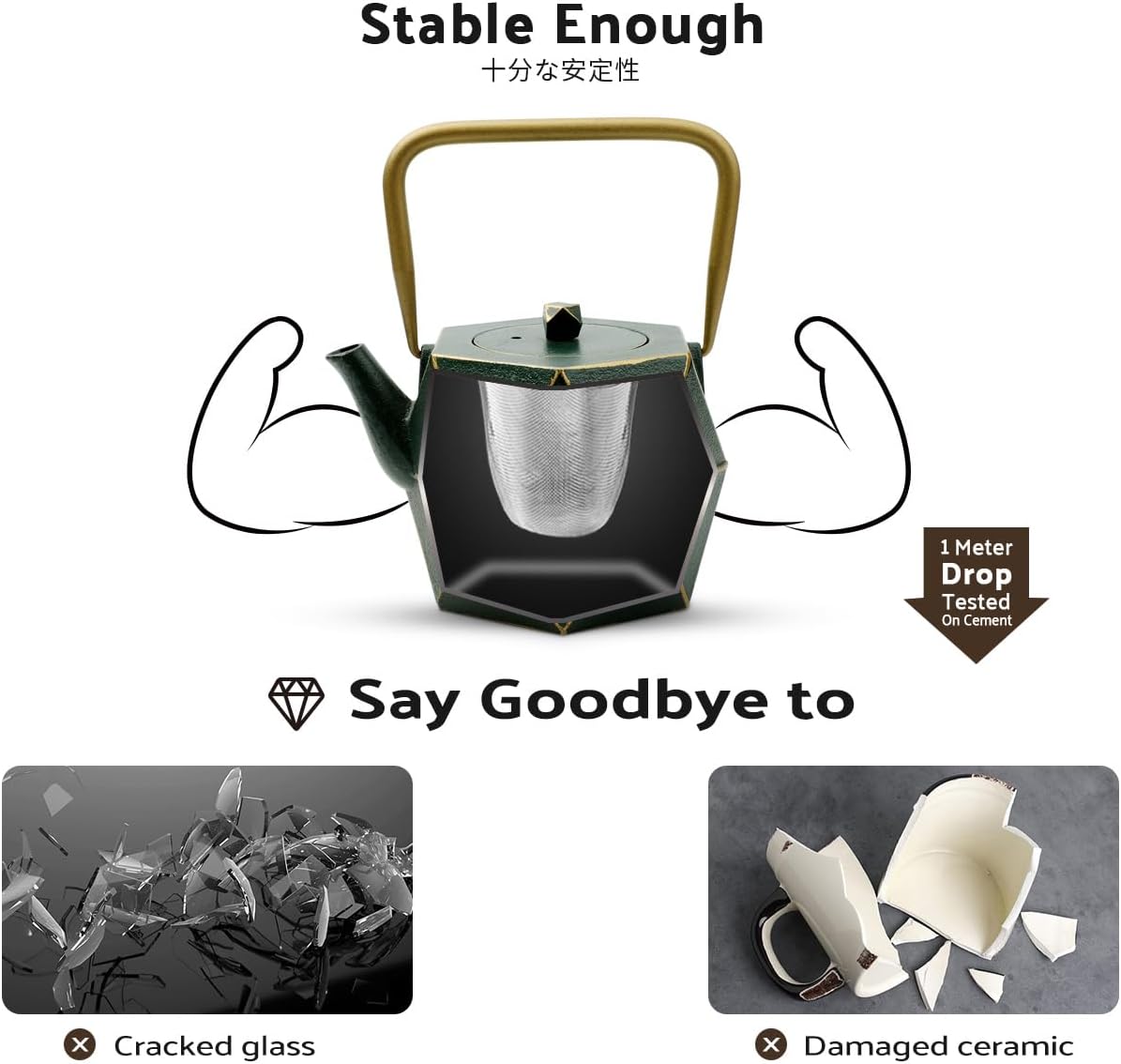 Toptier Mini Tea Kettle, Super Small Palm-sized Teapot, Stovetop Safe Japanese Cast Iron Tea Kettle, Diamond Design Tea Pot with Removable Infuser for Loose Tea, 11 Ounce (325 ml), Dark Green