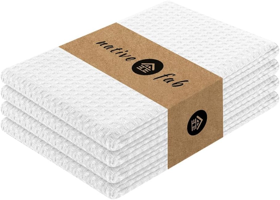 Native Fab Cotton Kitchen Towel with Hanging Loop 16x26 inches, 4-Pack, Waffle Weave Kitchen Towels for Cleaning Drying, Washcloths Soft & Absorbent Cloth Rags, Bar Towel, Dish Cloth, White