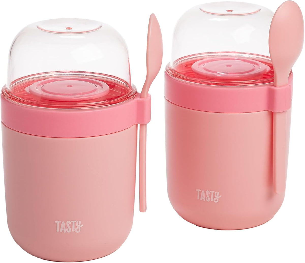 Tasty Travel Snack Cups with Spoons, On-The-Go Snacking, Divided Compartments, Great for Nuts, Cereal, Granola, Yogurt and More, Made Without BPA, 2-Pack, Pink