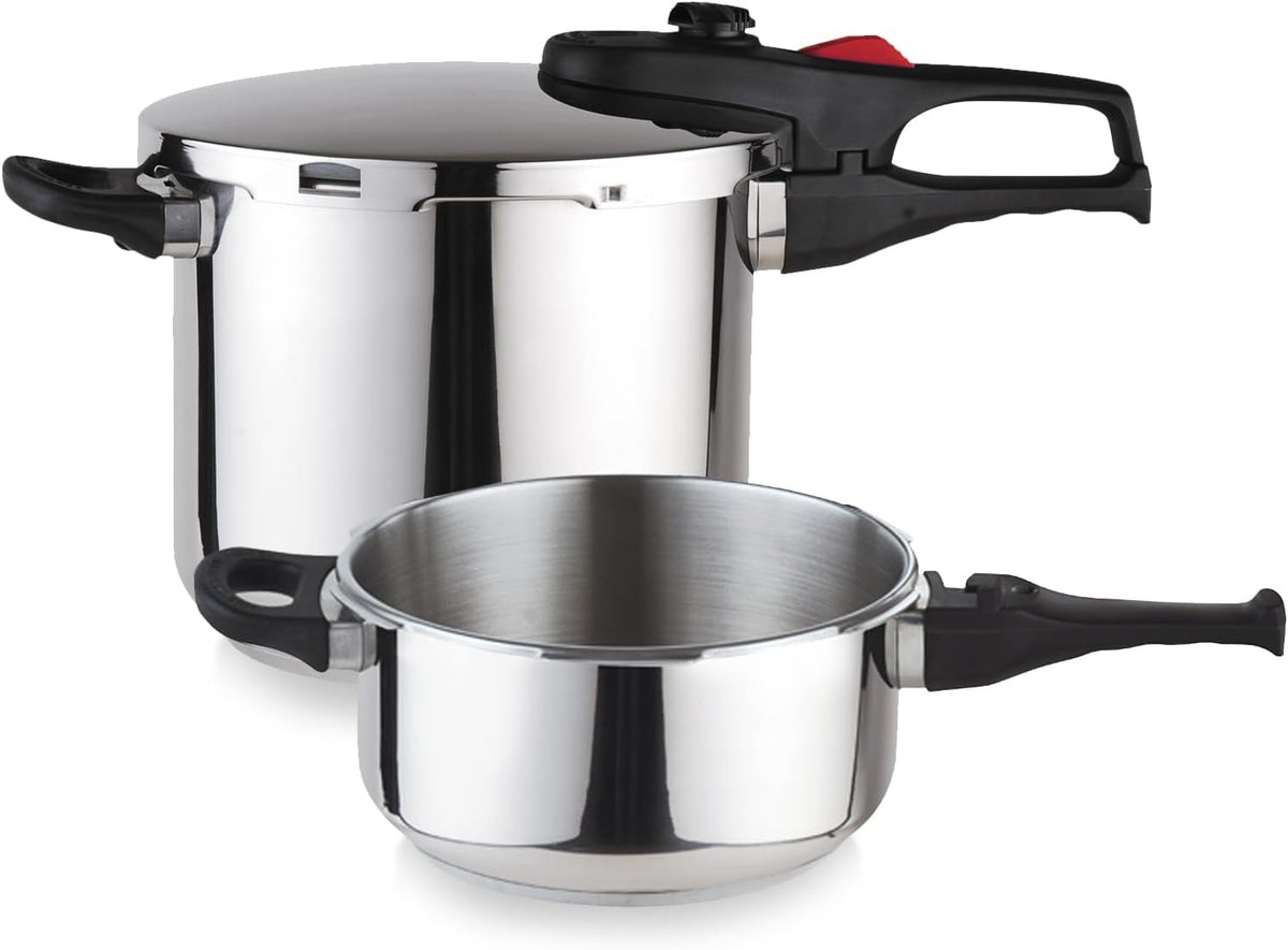 Magefesa Practika Plus Pressure Cooker, 4.2 & 6.3 Quart, 18/10 Stainless Steel, Induction-Compatible, Superior Heat Distribution, Encapsulated Diffuser Bottom, 5 Safety Systems