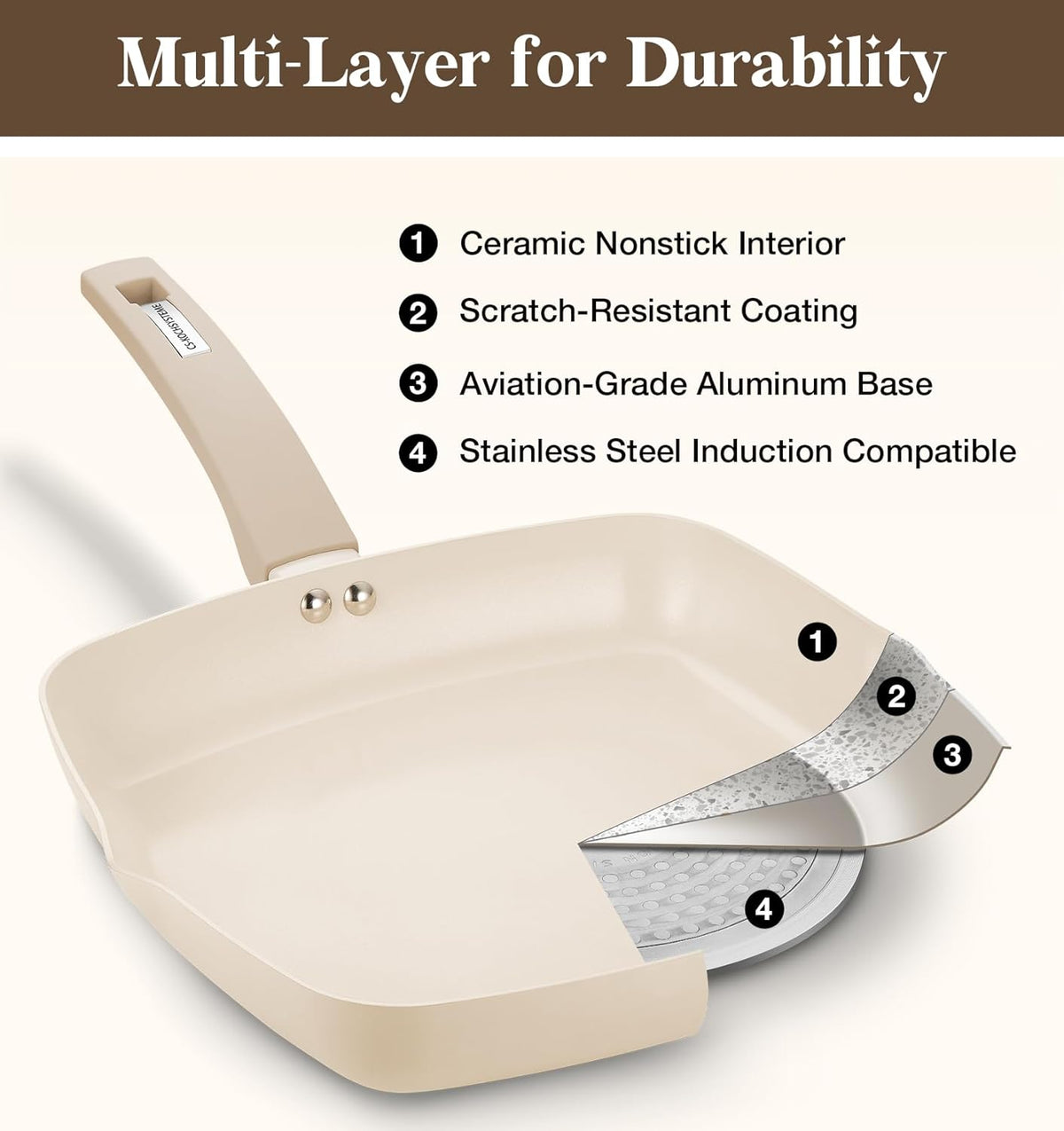 KOCH SYSTEME CS Nonstick Grill Pan for Indoor Cooking, 9.5 Inch Ceramic Square Frying Pan with Lid, Versatile Nonstick Griddle Pan for Stove Tops, Induction Compatible, Toxic-Free, Cream White