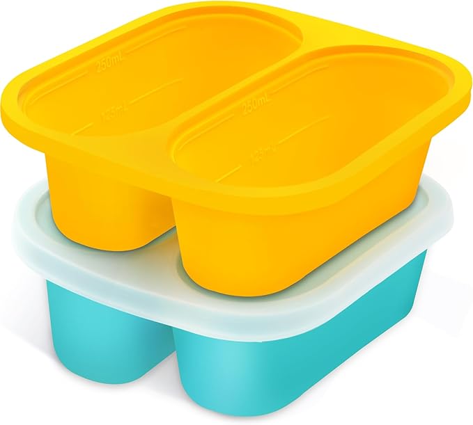 Mossime Silicone Soup Freezer Molds: 1 Cup Silicone Freezer Trays with Lid - 4 Packs Easy Release Soup Freezer Containers - 250ml 125ml Portion Large Cubes for Ice Soup (2, Blue/Yellow)