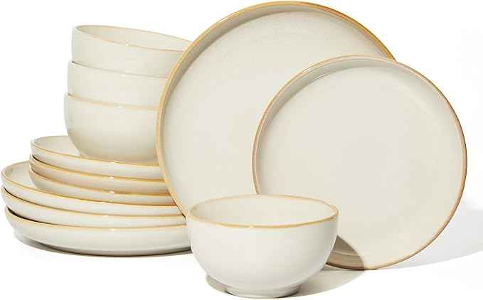 Stoneware Dinnerware Sets, Ceramic Plates and Bowls Set, Microwave & Dishwasher Safe Kitchen Dishes, Modern Dinner Salad Plates | Cereal Bowls, Dishware Sets Service for 4 Yellow White