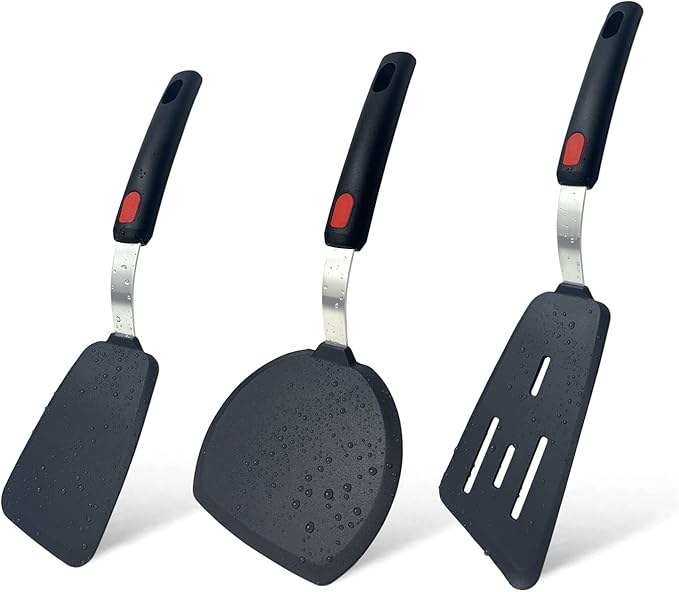 Tenta Tenta Kitchen 3 Pack Flexible Silicone Spatula Turner Set Slotted Fish Spatula-600F Heat Resistant,Wide Slotted Turners Spatulas,Omelet Spatulas for Flipping Eggs,Burgers,Crepes Etc, Grey/Black