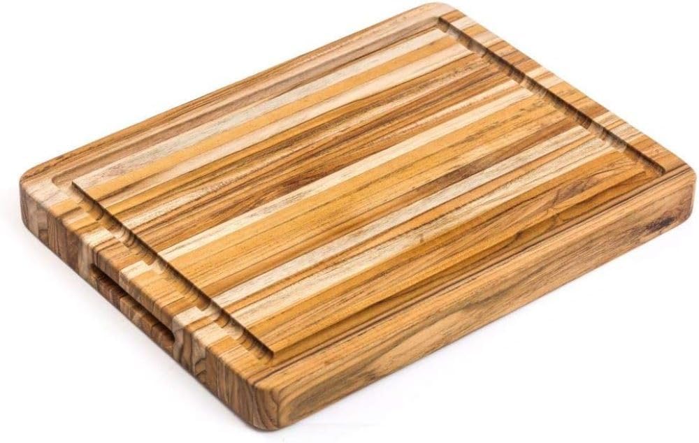 Teakhaus Cutting Board - Small (S) Wood Cutting Board with Juice Groove and Grip Handles - 16”L x 12”W - Thin, Lightweight, Reversible Teak Edge Grain Wood - Knife Friendly - FSC Certified