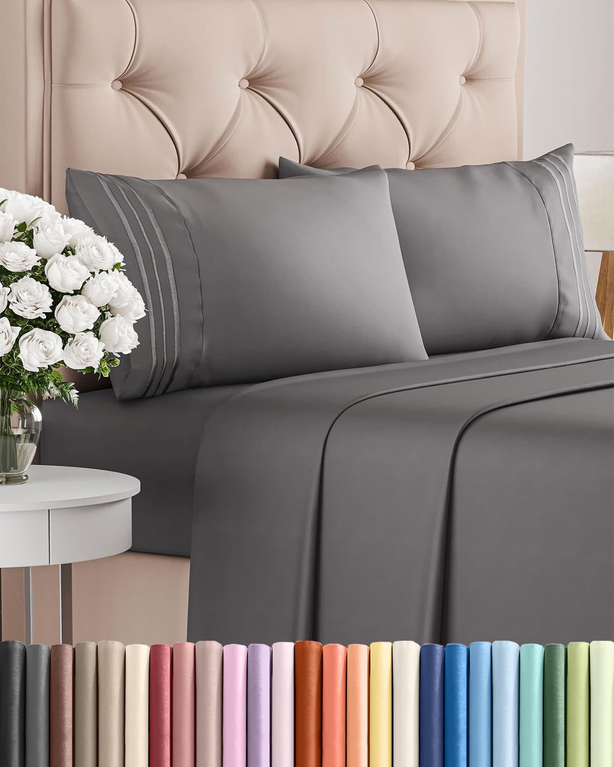 Queen Size 4 Piece Sheet Set - Breathable & Cooling Sheets - Dark Grey