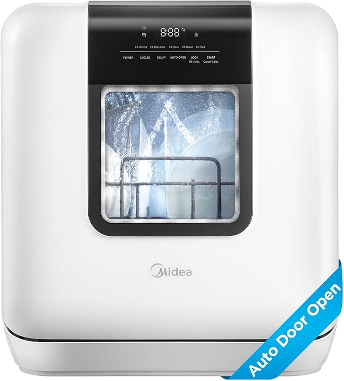 Midea MDC17P2DWW Countertop Dishwasher Portable with 6L(1.59G) Built-in Water Tank, 5+2 Programs, Auto Door Open, Dual Drying System, Energy-Saving and Odor Removal, for Apartments, Dorms& RVs, White