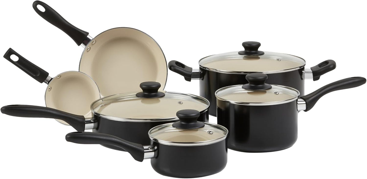 Amazon Basics 11-Piece Ceramic Non-Stick Pots and Pans Set, Dishwasher & Oven Safe, Non-Toxic, Easy Clean, Black/Cream
