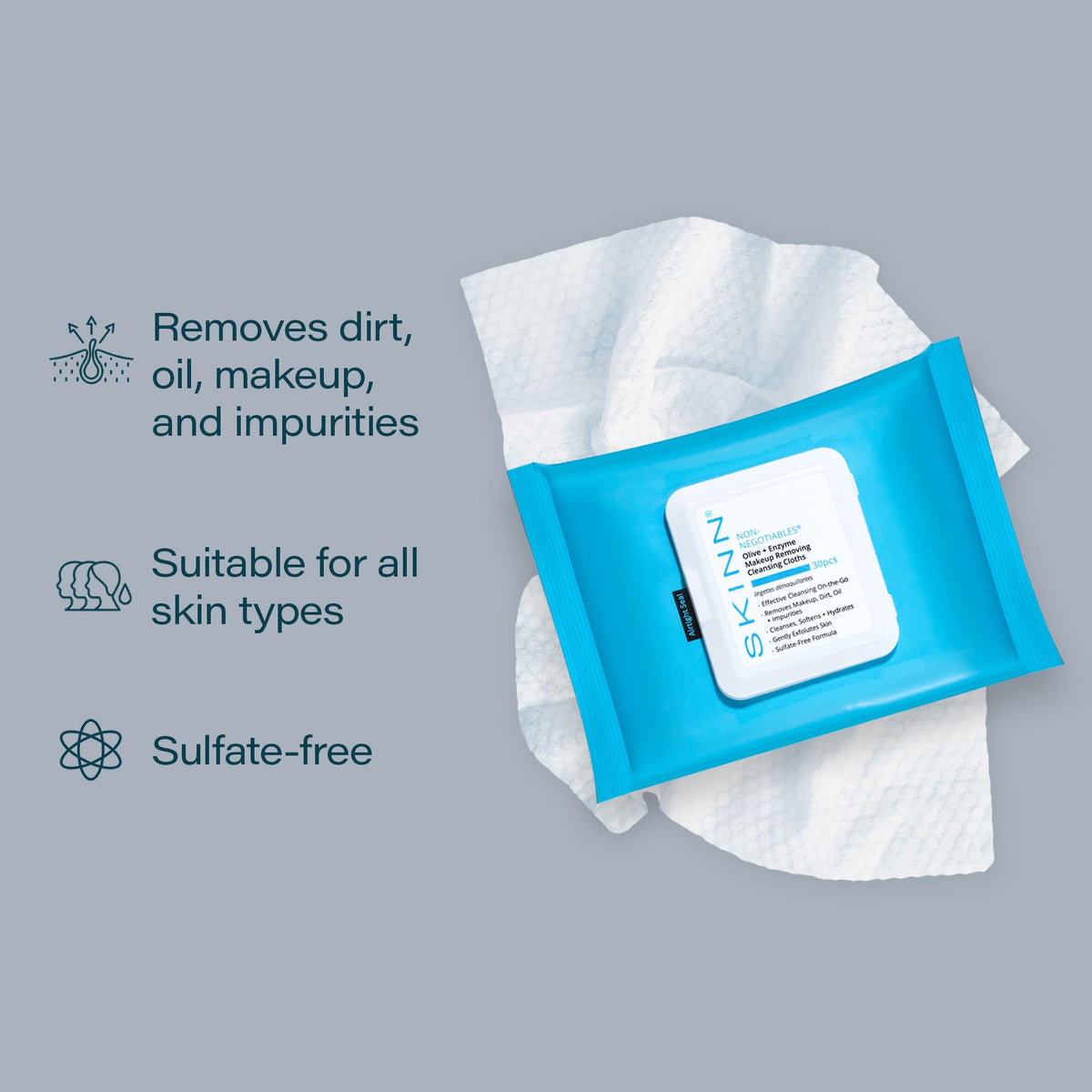 SKINN Facial Cleansing Makeup Remover Wipes - Gentle Exfoliation