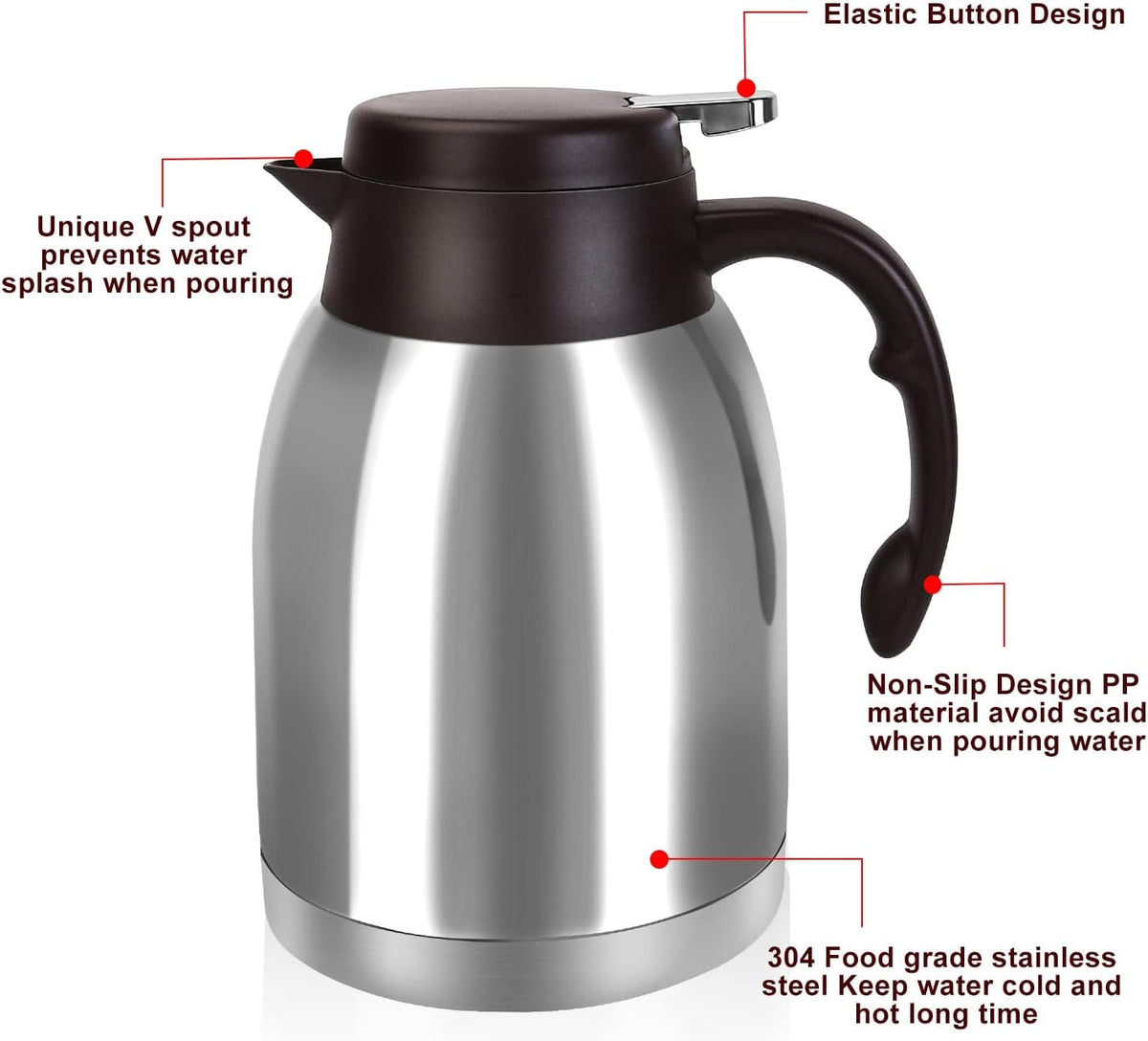54oz Stainless Steel Thermal Coffee Carafe Dispenser, Unbreakable Double Wall Vacuum Flask 1.6L Water Tea Pot Beverage Pitcher for Cold Drinks in Summer(Classic Silver)