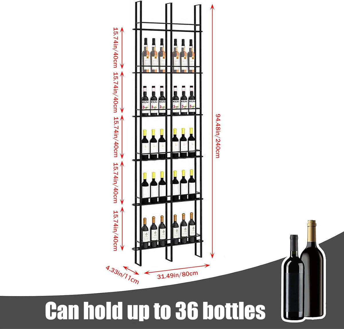 Wine Racks Wall Mounted, 6-Tier Wine Storage Holder, Black Industrial Bar Liquor Bottle Display Shelf, for Home Bar, Kitchen, Dining Rooms, & Wine Cellars(Black, 2 Column)