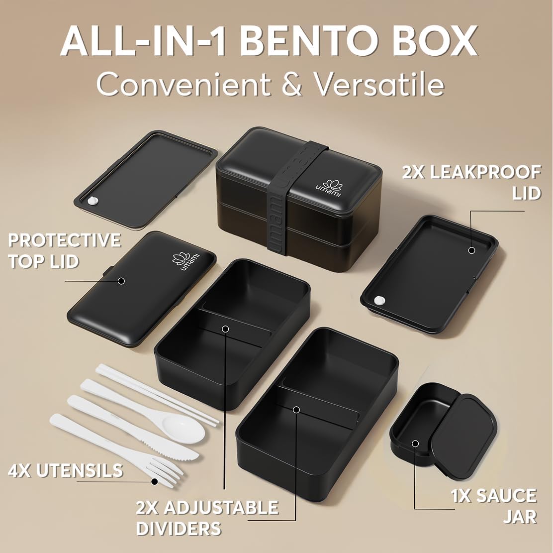 Umami Bento Box Adult All-In-1 w/4 Utensils, Sauce Jar, 2 Dividers, 100% Leakproof, Microwave & Dishwasher Safe, Stackable Bento Lunch Box Containers for Men/Women, Matte Black, 40 oz