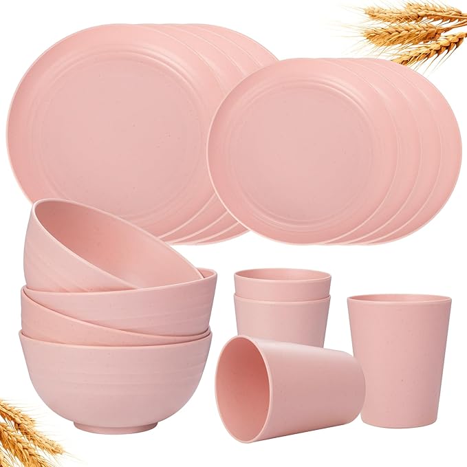 Rubtlamp 16Pcs Plastic Wheat Straw Dinnerware Set, Reusable Plastic Plate Set for 4, Kitchen Plates And Bowls Set (Pink) Include Dinner Platos, Dessert Platos, Cereal Bowls, Cups for Daily, Camping