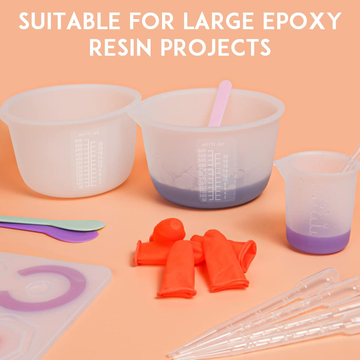 Silicone Measuring Cups Tool Kit, Non-Stick Large Bowls for Epoxy Resin, Reusable 600&100ml Mixing Cup With Stir Sticks, Pipettes, Supplies, Molds, Jewelry Making