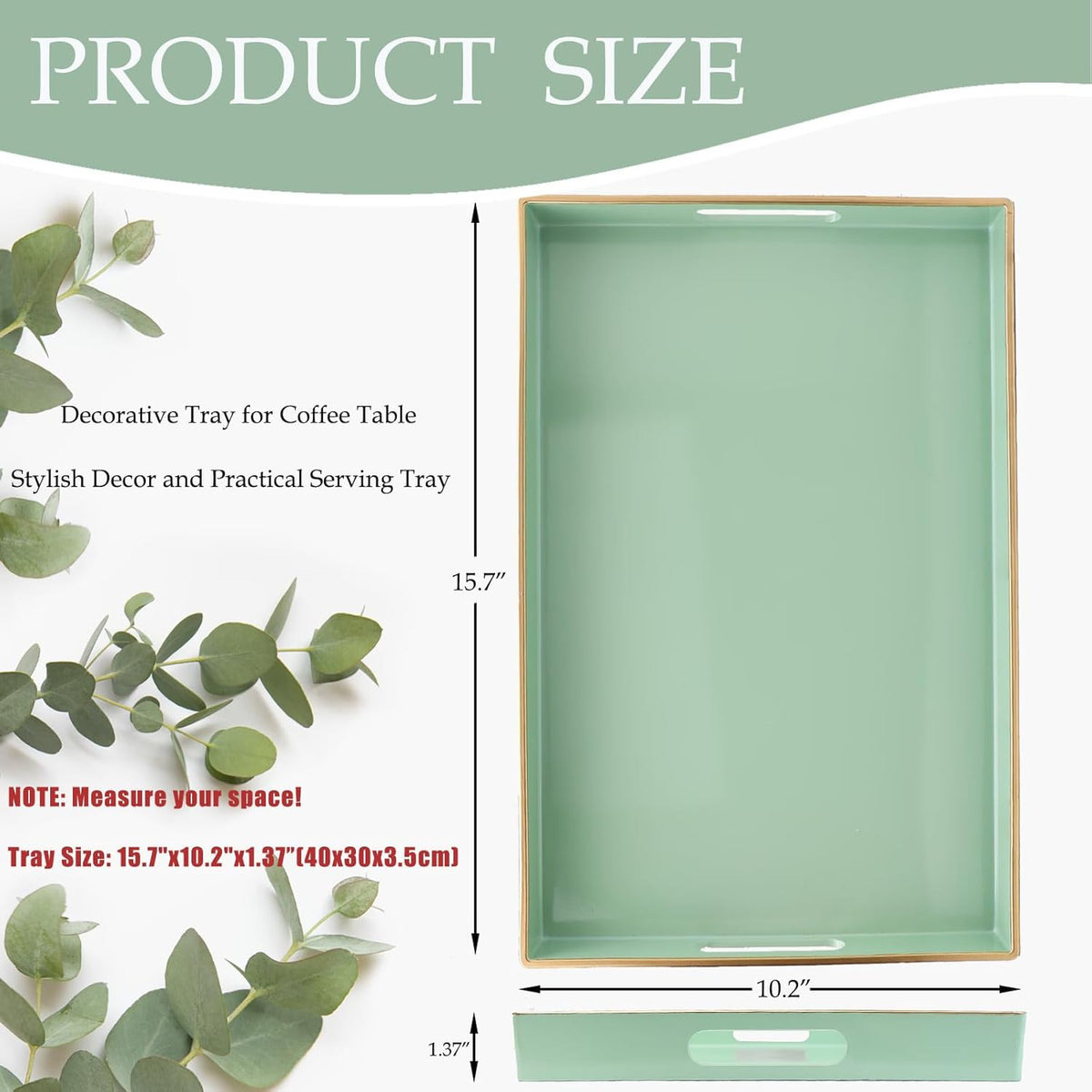Spsyrine Green Decorative Serving Tray with Handles, Elegant Plastic Coffee Table Tray for Ottoman, Living Room, Home Decor 15.6" X 10.2"