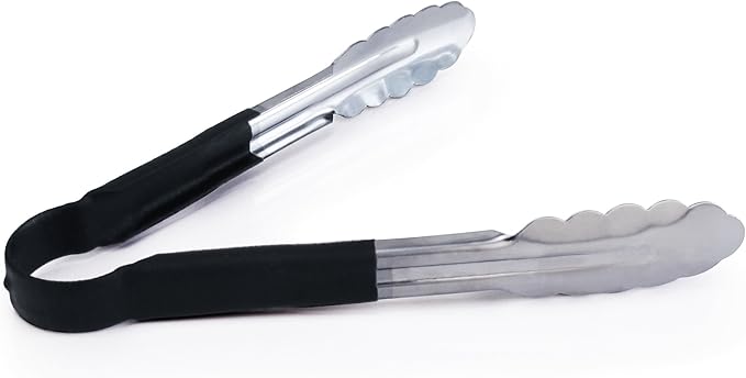 New Star Foodservice 35841 9-Inch Utility Spring Tongs, Stainless Steel, Vinyl Coated, Set of 12, Black