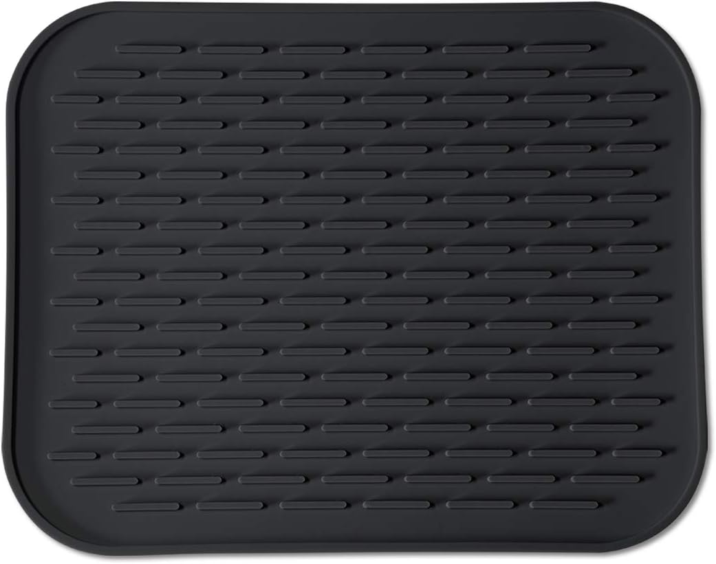 Silicone Dish Drying Mat for Multiple Usage,Easy clean,Eco-friendly,Super Sturdy Silicone Dish Drying Mat and Trivet, Dishwasher Safe, Heat Resistant (Black, S 11.6×9.3inch)