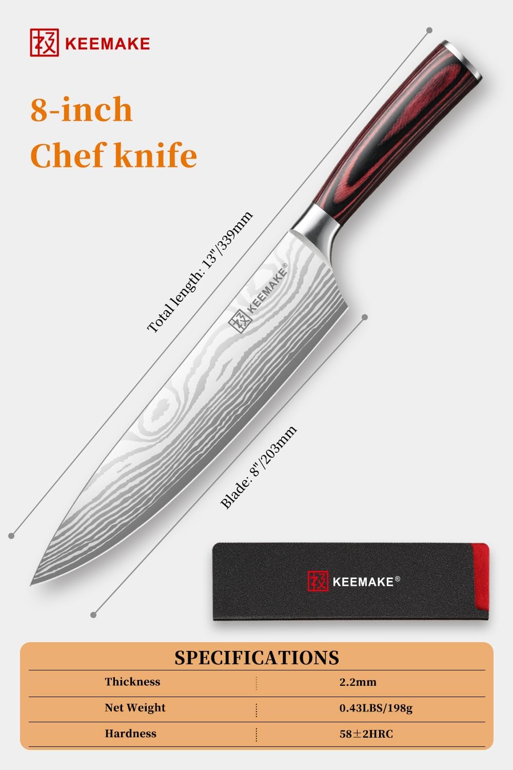 KEEMAKE Chef Knife 8 Inch - Ultra Sharp Kitchen Knife 1.4116 High Carbon Stainless Steel Blade, Ergonomic Handle, Professional Meat Knife for Home Cooking & Chefs, w/Sheath & Gift Box