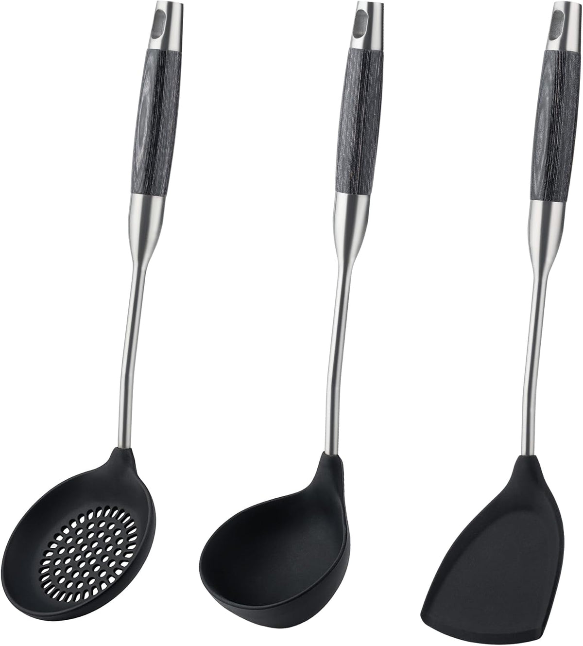 FJNATINH Silicone Wok Spatula,Ladle,Skimmer Tool Set - Stainless Steel Wok Tools, Wok Utensil,Non Stick Heat-Resistant Cooking Utensils BPA Free Kitchen Utensils Cookware (Black Stainless Steel-3PCS)