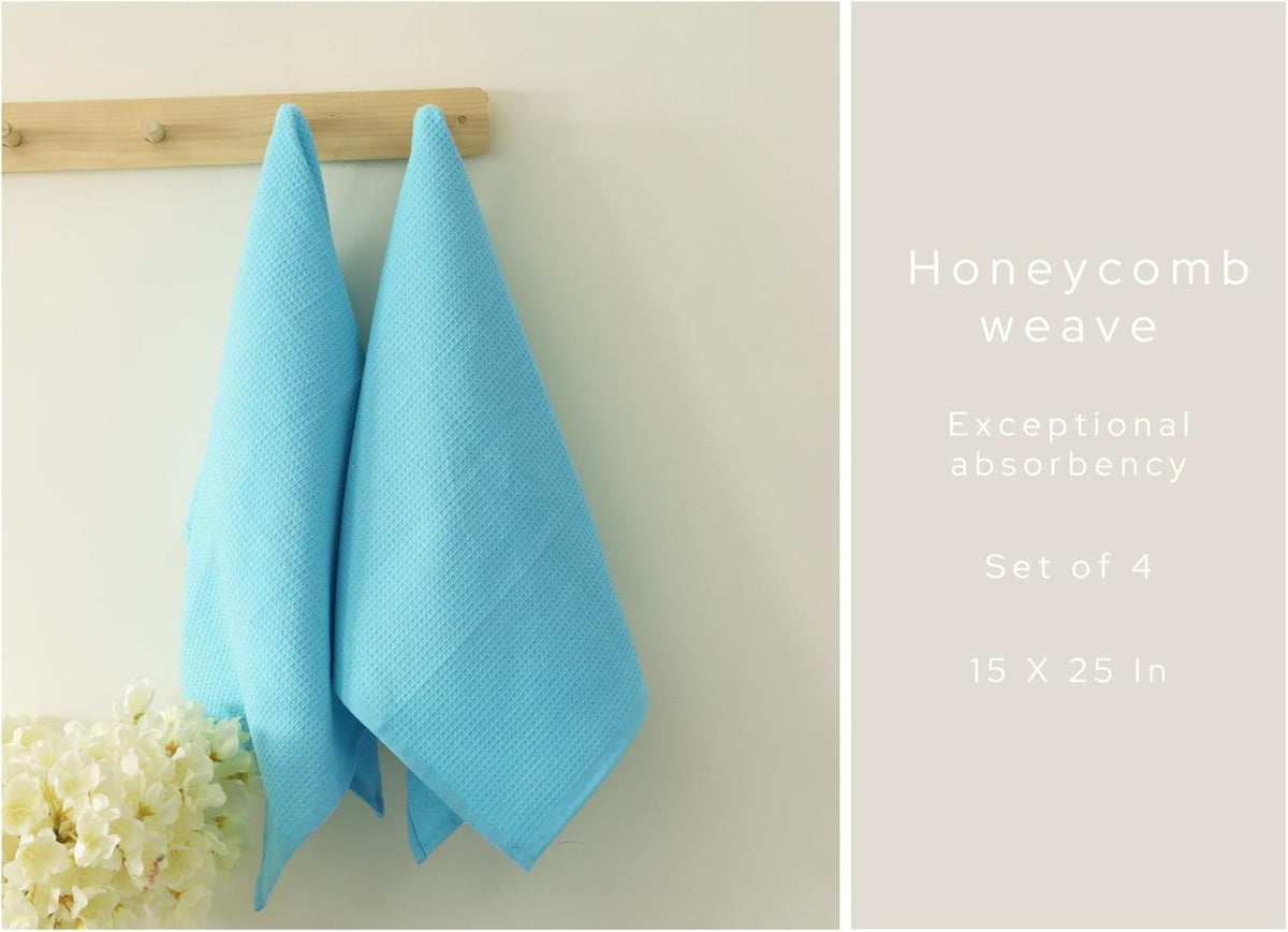PurpleEssences Waffle Weave Kitchen Towel, 100% Cotton - 15 x 25 Inches, with Hanging Loop Ultra Soft Absorbent Quick Drying Dish Cloth, Tea and Hand Towels, 4 Pack - Spring Summer - Aqua Blue