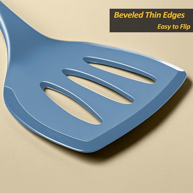 Silicone Pancake Spatula Turner with Lengthened Handle& Seamless Design, Heat Resistant Slotted Flipper for Nonstick Cookware, Large Flexible Kitchen Utensils for Egg, Pancake, Burger, Starry Blue