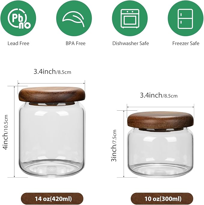 1 PC Small Glass Storage Jars with Airtight Lids, 10 fl oz (300ml) coffee container with Wooden Lid, Glass Pantry Canister for Beans, Rice, Sugar and etc