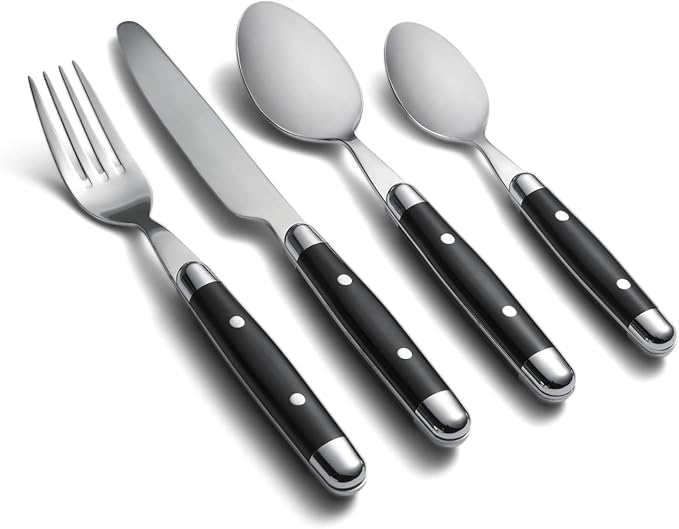 Cambridge Silverware Set, Jubilee Black 16-Piece Flatware Set, Service For 4, 18/0 Stainless Steel, Dishwasher Safe, Knives Spoons And Forks Set, Home And Kitchen Utensils(Black/Silver, 16 Pieces)