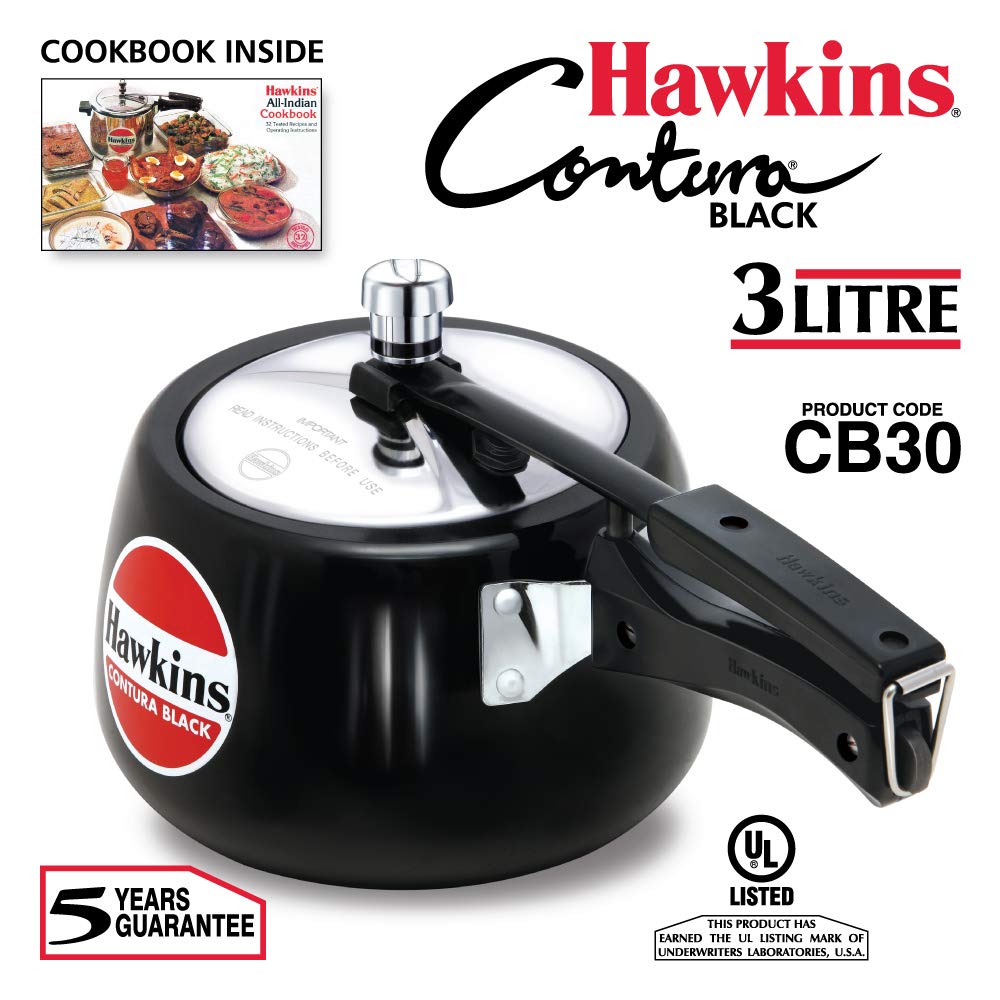 Hawkins 3 Litre Contura Black Pressure Cooker, Hard Anodised Inner Lid Cooker, Handi Cooker, Black (CB30)
