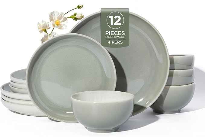 Stoneware Dinnerware Sets, Ceramic Plates and Bowls Set, Microwave & Dishwasher Safe Kitchen Dish Set, Modern Dinner Salad Plates | Cereal Bowls for 4, Dishware Sets Gray Green