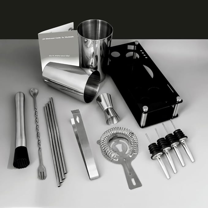 Professional Cocktail Shaker Set with Stand Cocktail Recipes, 15-Piece 750/600ml Bartender Kit, Bar Sets Bartending Kit Bar Tool Set 25/20oz Boston Shakers, Jigger, Muddler (Silver)